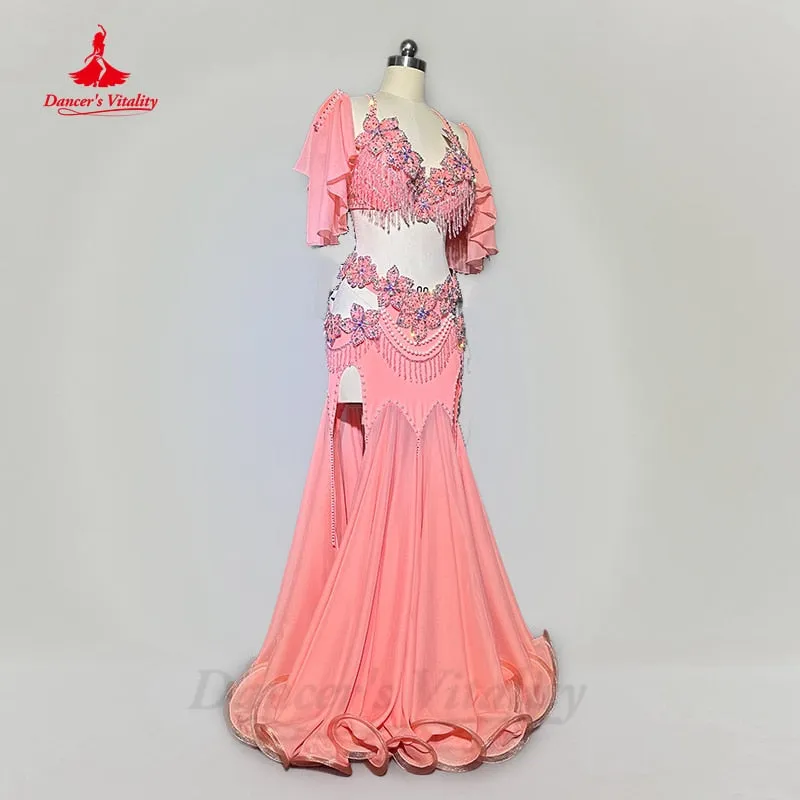 Belly Dancer Competiton Clothing Suit Customsized Adult Children Stones Bra sleeves split Skirt 2pcs Oriental Bellydance Outfit