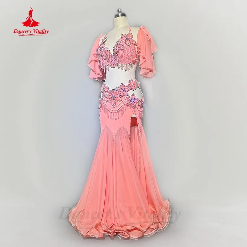 Belly Dancer Competiton Clothing Suit Customsized Adult Children Stones Bra sleeves split Skirt 2pcs Oriental Bellydance Outfit