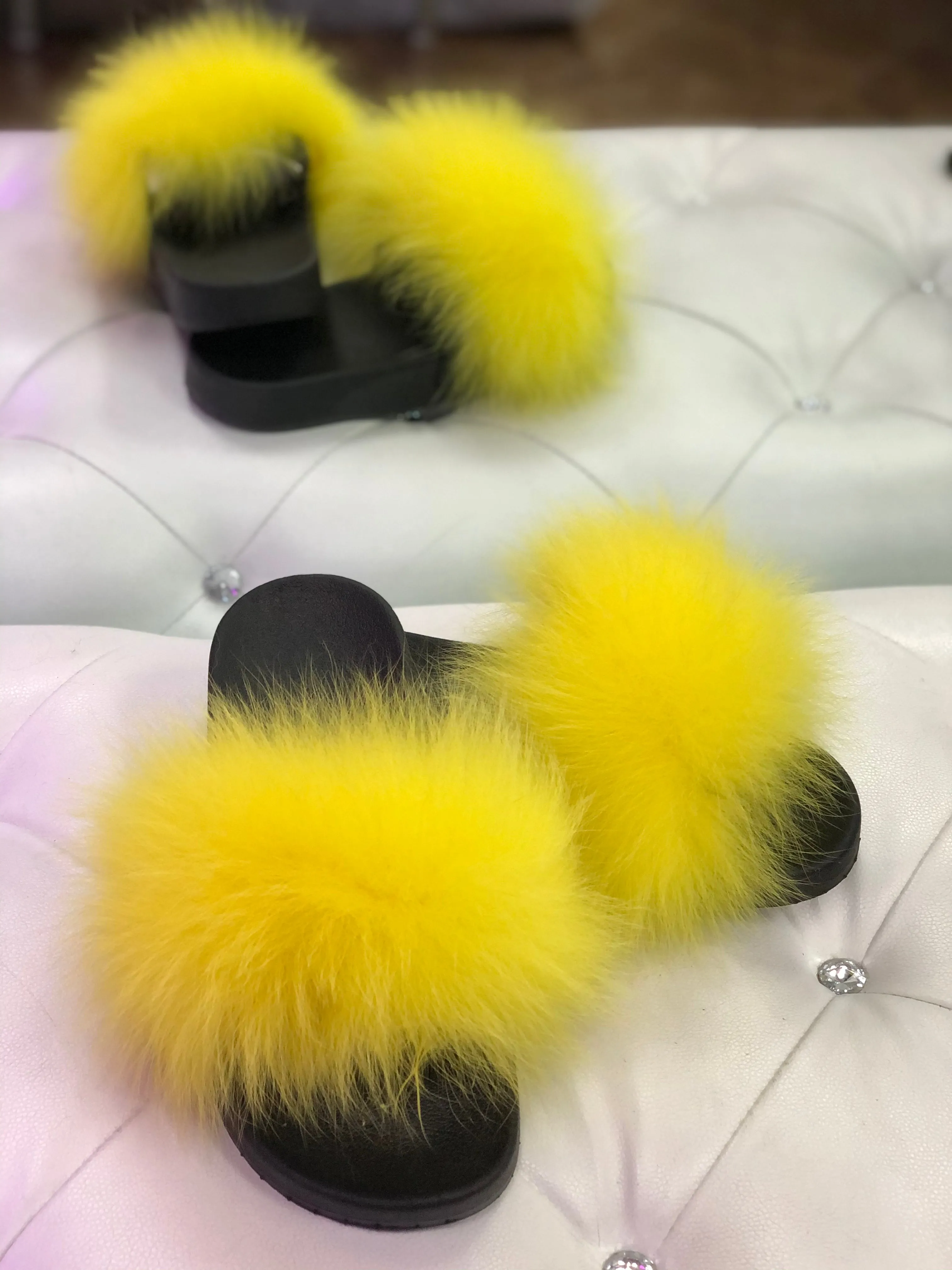 Bright Yellow Polar Fox Fur Slippers