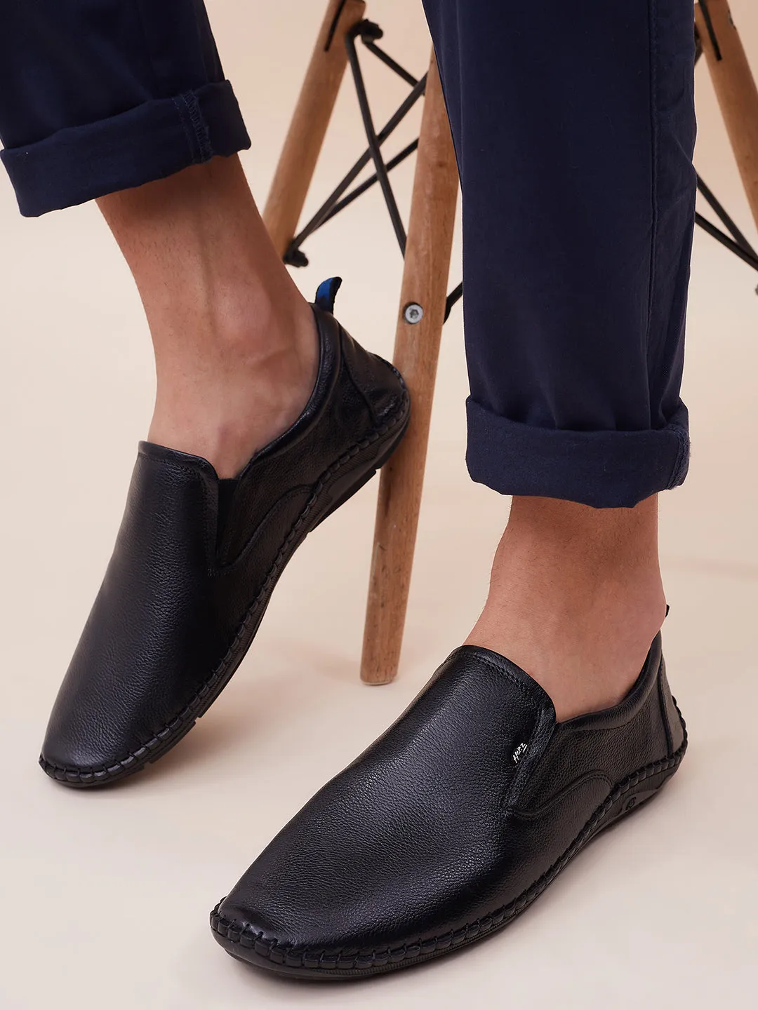 HITZ102 Men's Black Leather Casual Slip-On Shoes