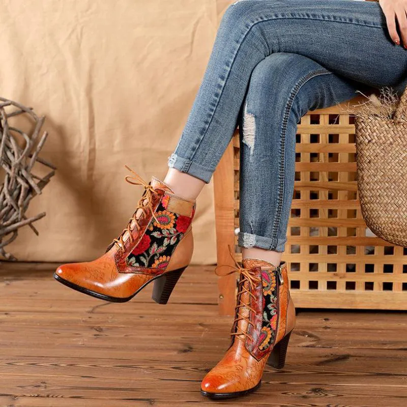Stylish Retro Floral Print Three-Quarter Cognac Boots