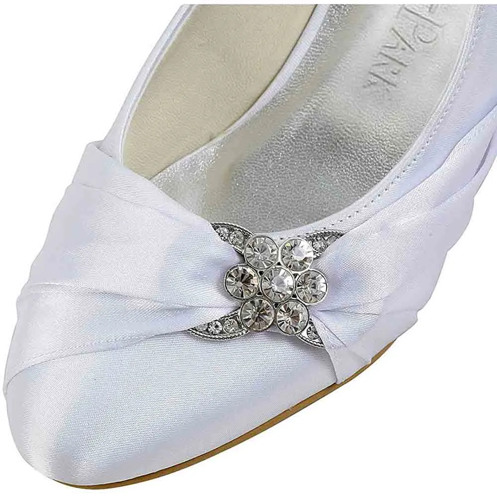Women Closed Toe Comfort Heel Rhinestone Satin Wedding Bridal Shoes